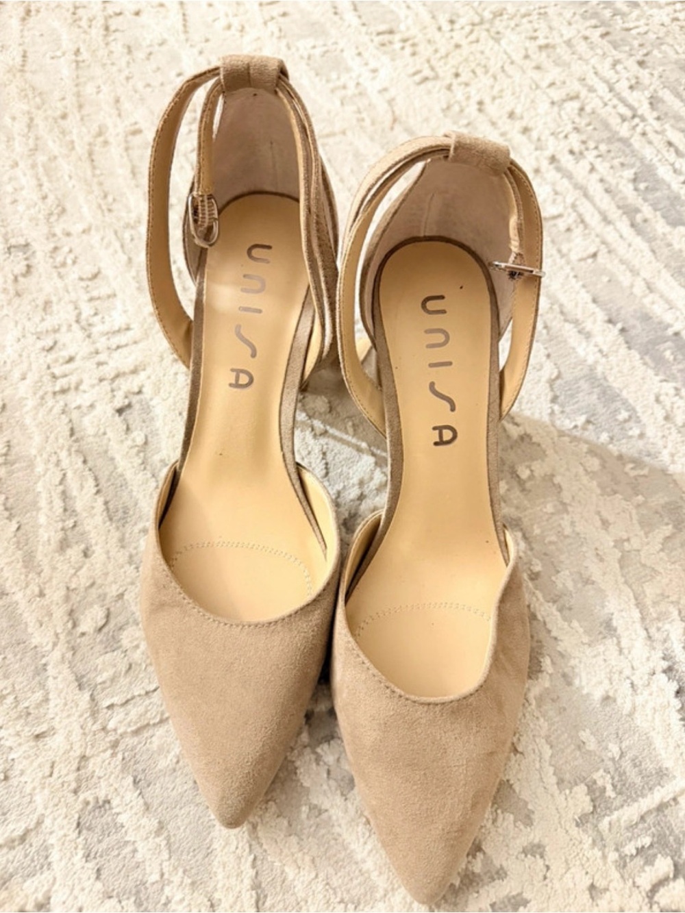 Unisa Beige Suede Pointed Ankle-Strap Pumps
